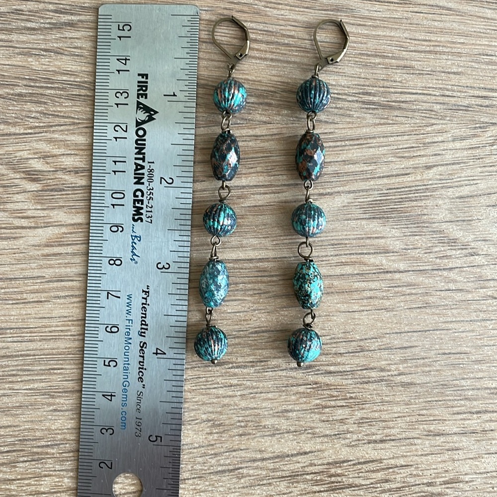 HAND CRAFTED SHOULDER DUSTER EARRINGS Patina Mint Green Copper Antiqued Brass - Picture 9 of 14